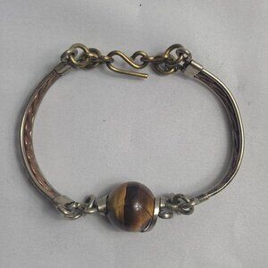 Tiger Eye Bracelet Silver Tone with Braided Copper Colored Metal Boho